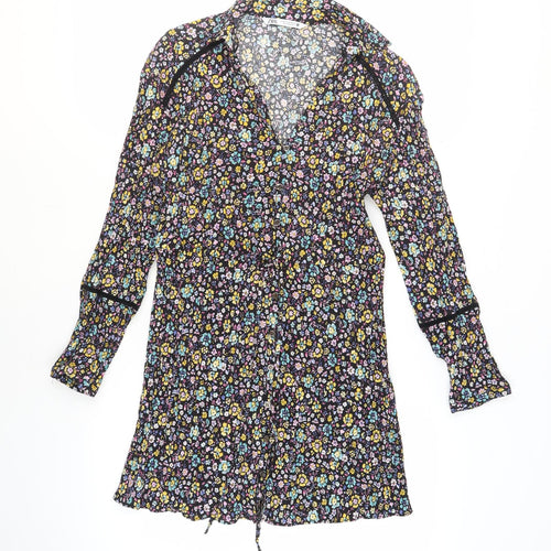 Zara Womens Black Floral Polyester A-Line Size M V-Neck Button