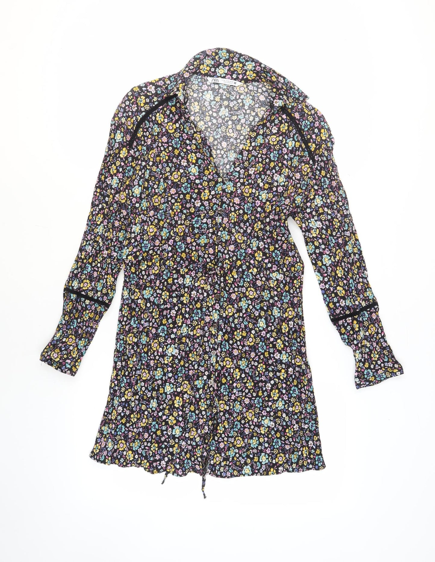 Zara Womens Black Floral Polyester A-Line Size M V-Neck Button
