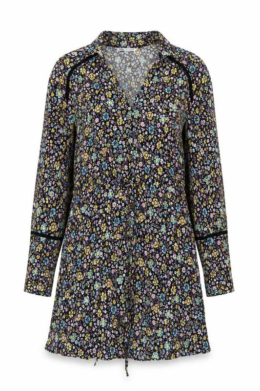 Front view of Zara women’s black floral polyester a-line, size M, v-neck button