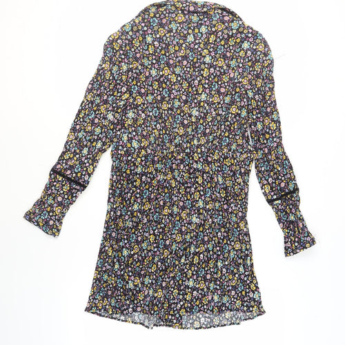 Zara Womens Black Floral Polyester A-Line Size M V-Neck Button