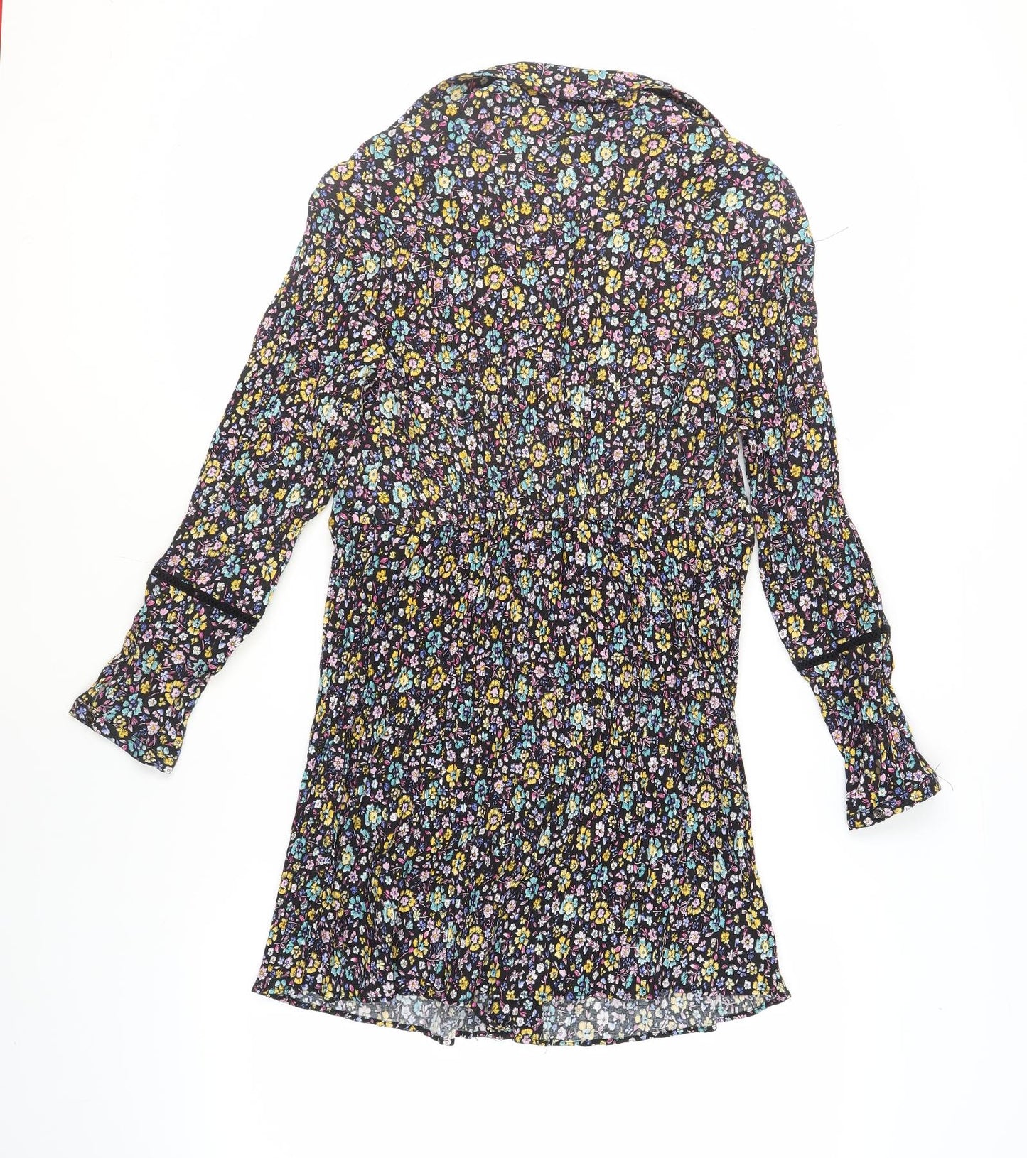Zara Womens Black Floral Polyester A-Line Size M V-Neck Button