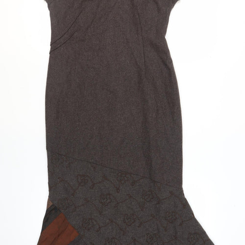 Imprern Design Womens Brown Polyester Shift Size 10 V-Neck Zip - Brooch Included Asymmetrical Hem