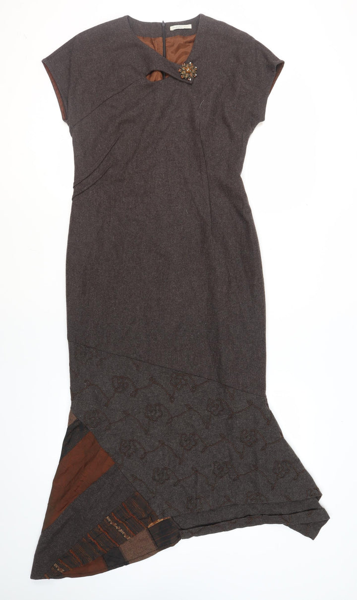 Imprern Design Womens Brown Polyester Shift Size 10 V-Neck Zip - Brooch Included Asymmetrical Hem
