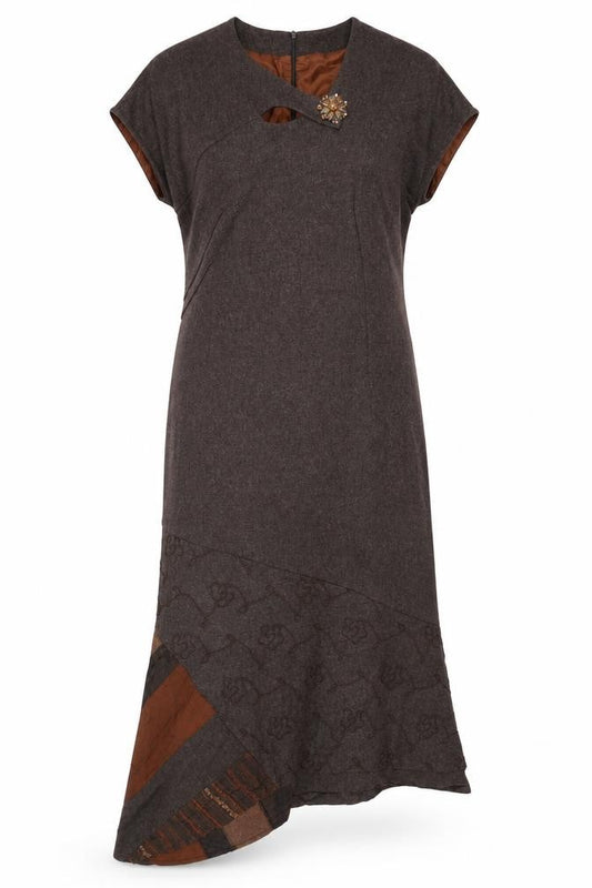 Front view of Imprern Design women’s brown polyester shift, size UK 10, v-neck zip - brooch included asymmetrical hem