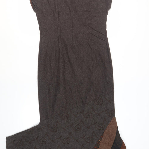 Imprern Design Womens Brown Polyester Shift Size 10 V-Neck Zip - Brooch Included Asymmetrical Hem