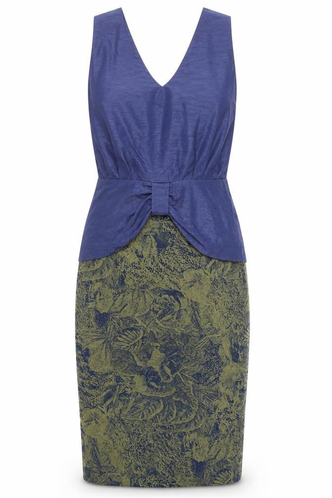 Front view of HAGARTY women’s blue geometric polyester shift, size UK 12, v-neck button
