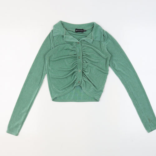 PRETTYLITTLETHING Womens Green Polyester Basic Button-Up Size 6 V-Neck - Ruched Cropped