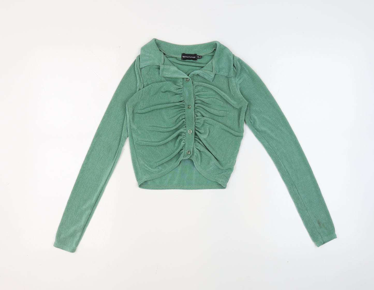 PRETTYLITTLETHING Womens Green Polyester Basic Button-Up Size 6 V-Neck - Ruched Cropped