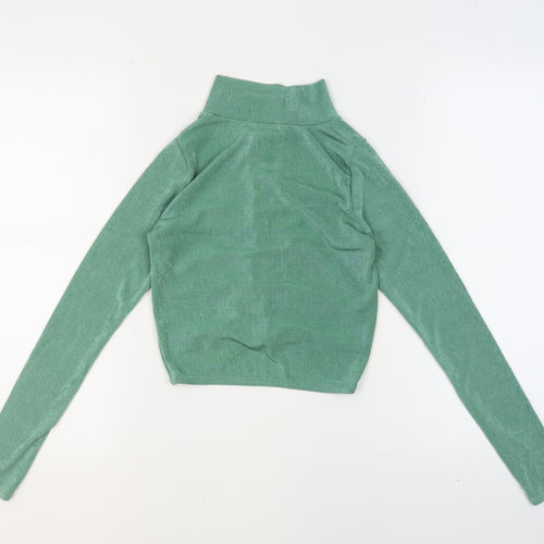 PRETTYLITTLETHING Womens Green Polyester Basic Button-Up Size 6 V-Neck - Ruched Cropped
