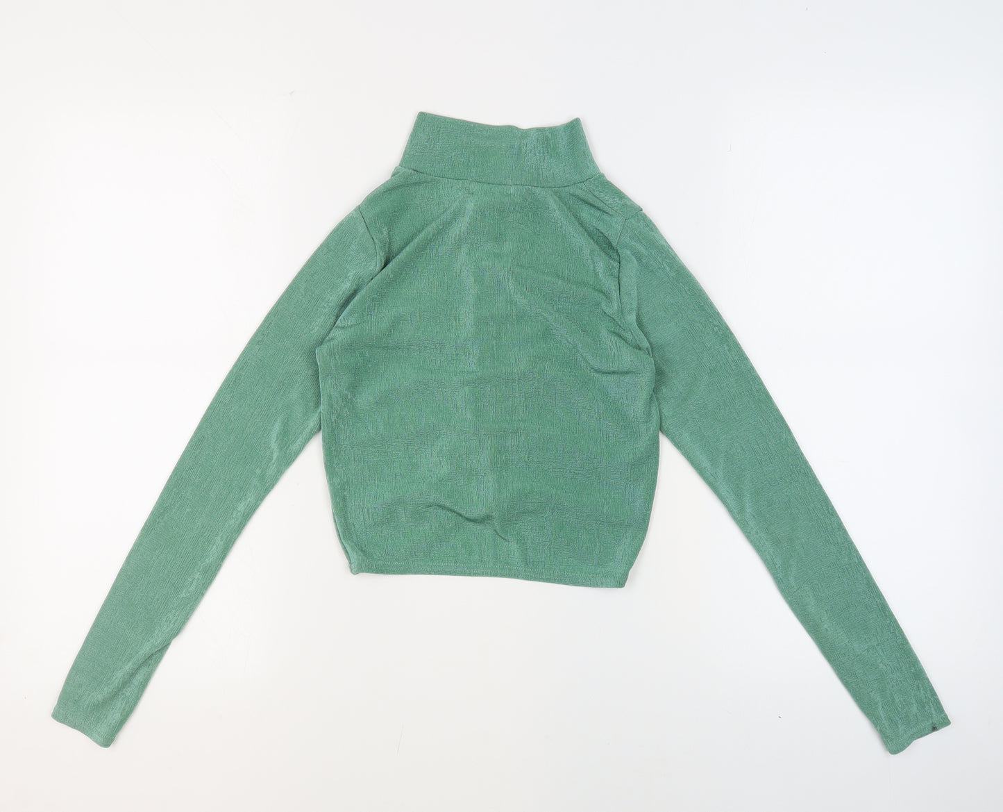 PRETTYLITTLETHING Womens Green Polyester Basic Button-Up Size 6 V-Neck - Ruched Cropped