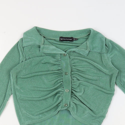 PRETTYLITTLETHING Womens Green Polyester Basic Button-Up Size 6 V-Neck - Ruched Cropped