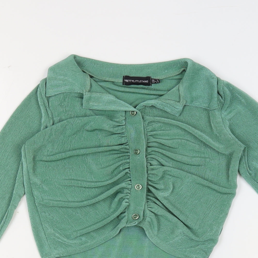 PRETTYLITTLETHING Womens Green Polyester Basic Button-Up Size 6 V-Neck - Ruched Cropped