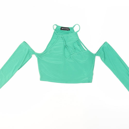 PRETTYLITTLETHING Womens Green Polyester Cropped Blouse Size 8 Halter - Cold Shoulder Cut Outs