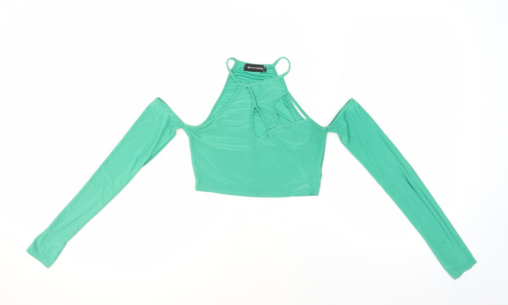 PRETTYLITTLETHING Womens Green Polyester Cropped Blouse Size 8 Halter - Cold Shoulder Cut Outs