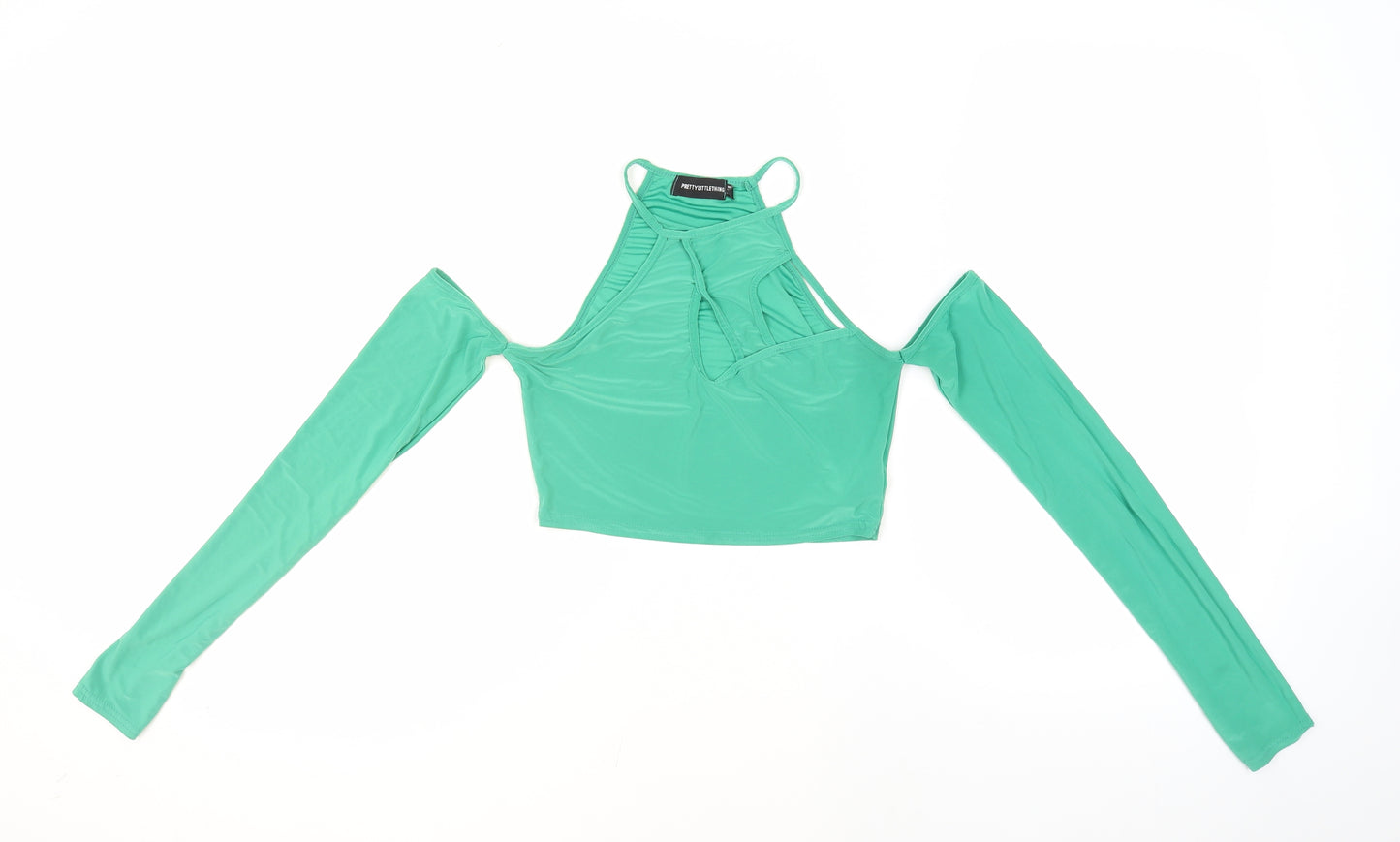 PRETTYLITTLETHING Womens Green Polyester Cropped Blouse Size 8 Halter - Cold Shoulder Cut Outs