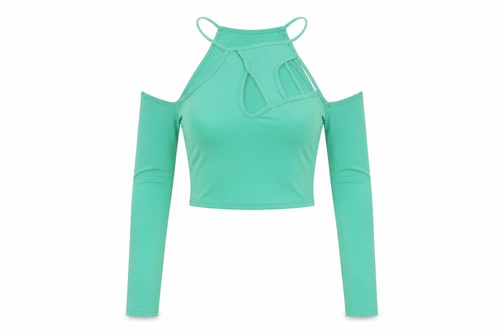 Front view of PRETTYLITTLETHING women’s green polyester cropped blouse, size UK 8, halter - cold shoulder cut outs