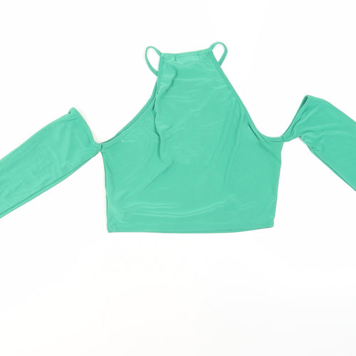 PRETTYLITTLETHING Womens Green Polyester Cropped Blouse Size 8 Halter - Cold Shoulder Cut Outs