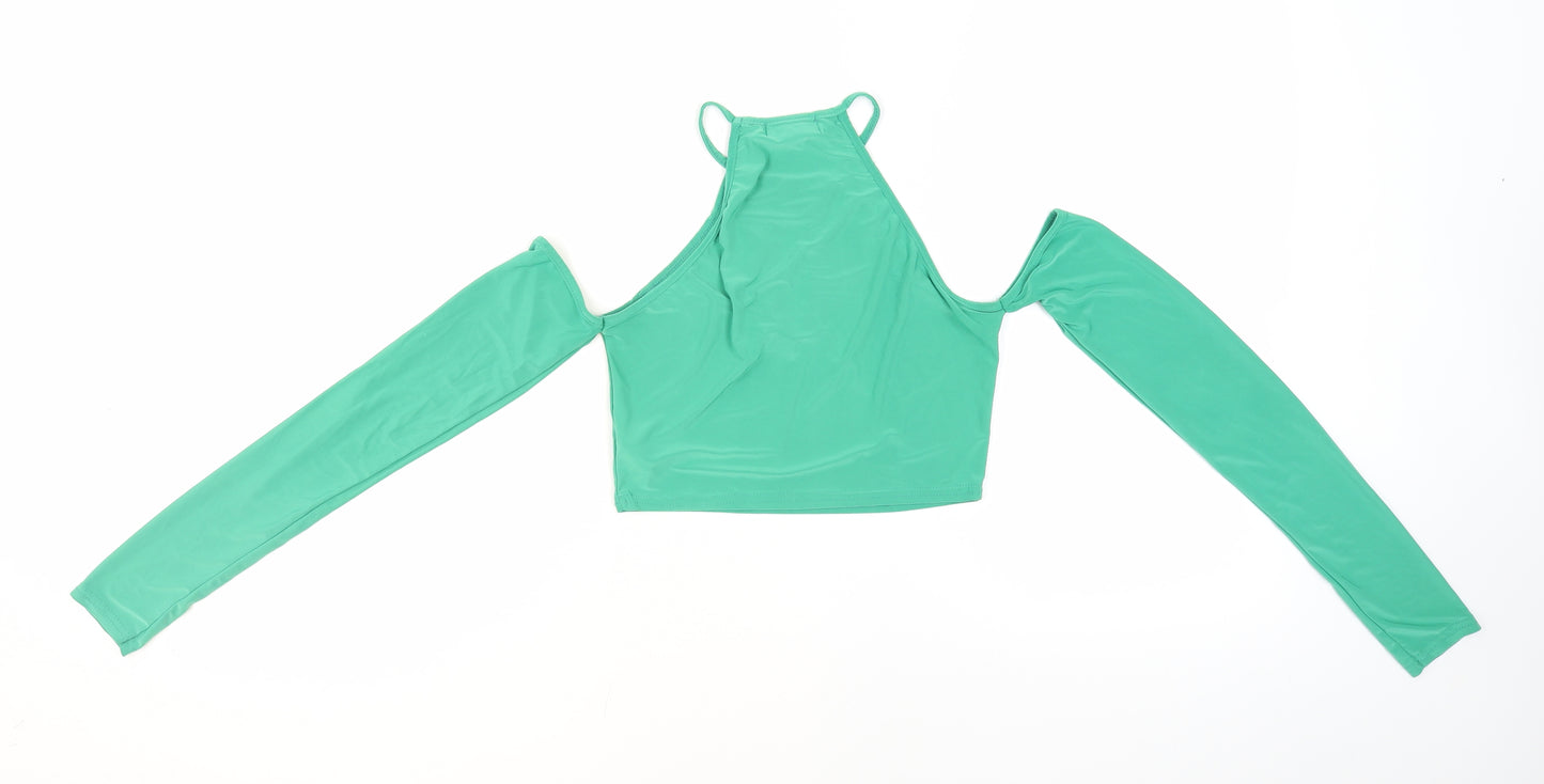 PRETTYLITTLETHING Womens Green Polyester Cropped Blouse Size 8 Halter - Cold Shoulder Cut Outs