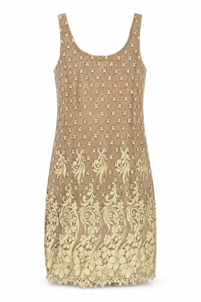 Front view of Next women’s gold viscose shift, size UK 10, round neck zip