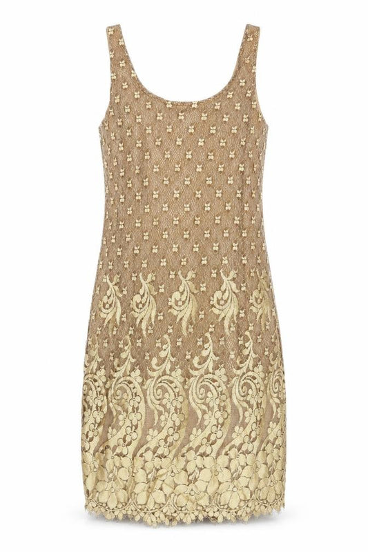 Front view of Next women’s gold viscose shift, size UK 10, round neck zip