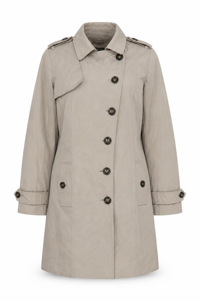 Front view of Debenhams women’s brown overcoat coat, size UK 14, button - pockets belted