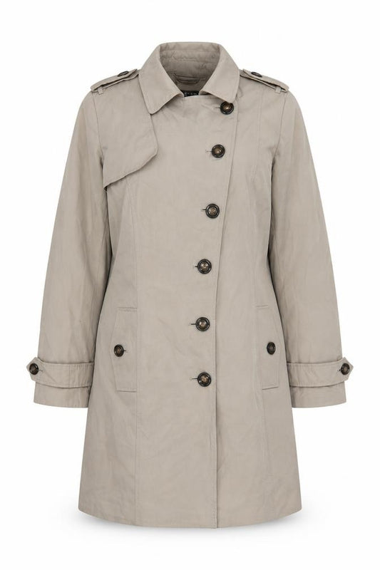 Front view of Debenhams women’s brown overcoat coat, size UK 14, button - pockets belted