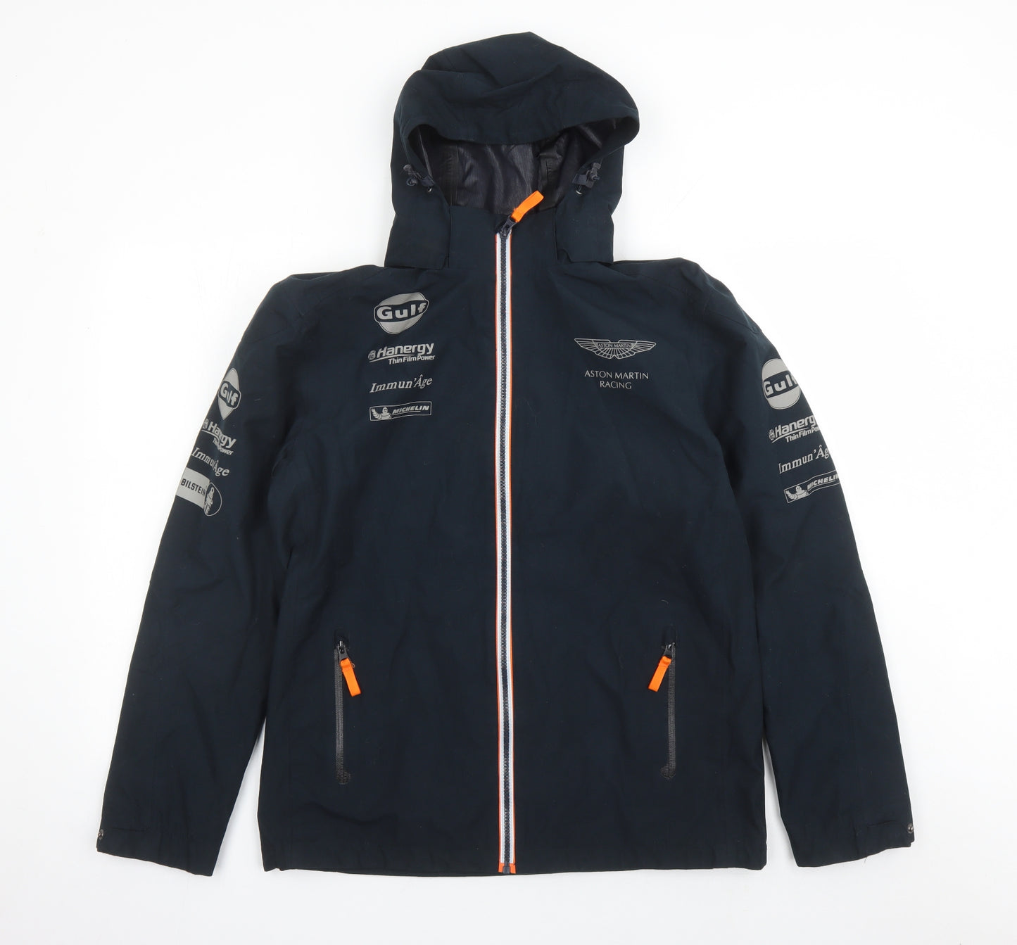 Aston Martin Racing Mens Blue Rain Coat Coat Size L Zip - Hooded Pockets
