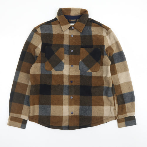 Marks and Spencer Mens Brown Check Jacket Size M Snap - Pockets