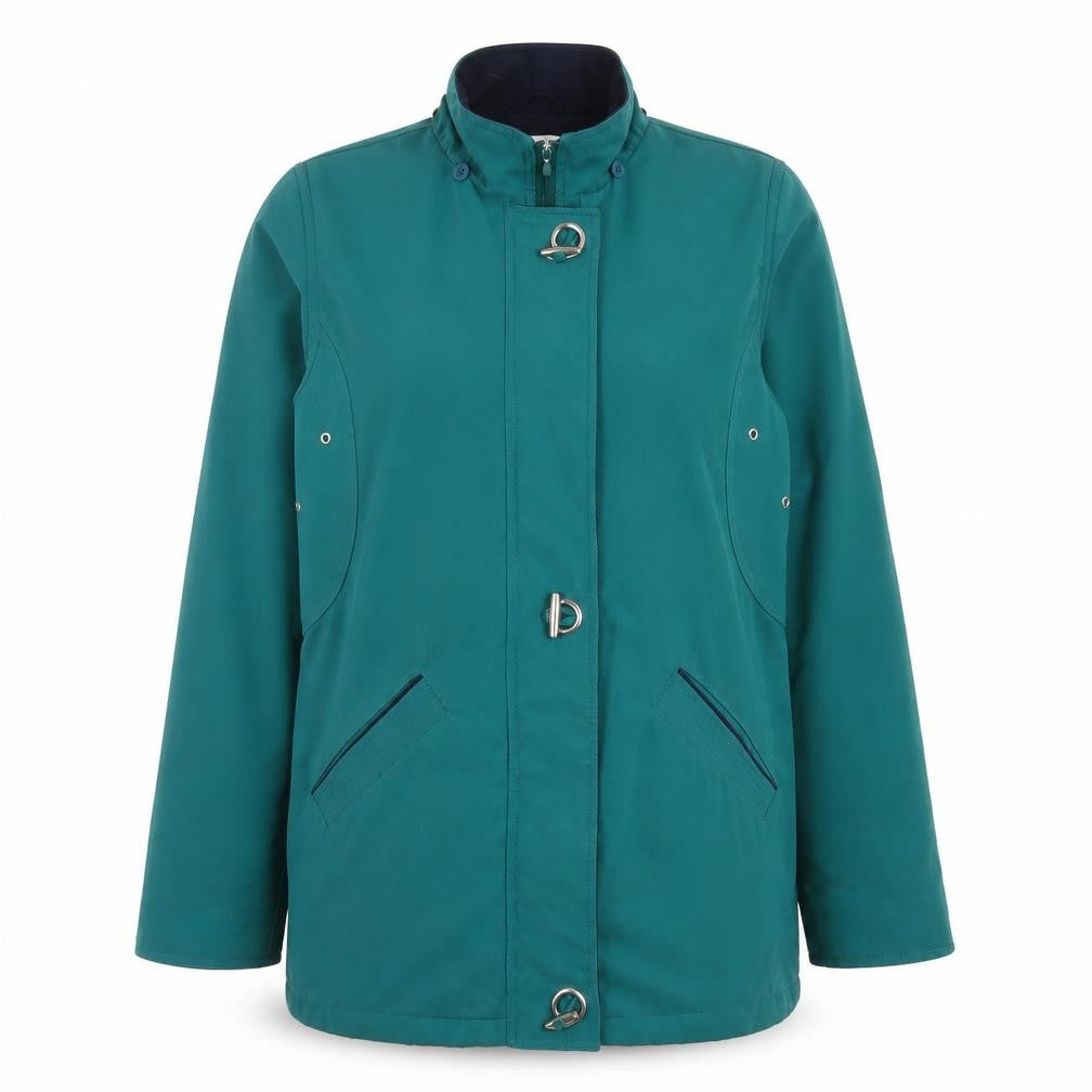 Front view of EWM women’s green jacket, size UK 12, zip