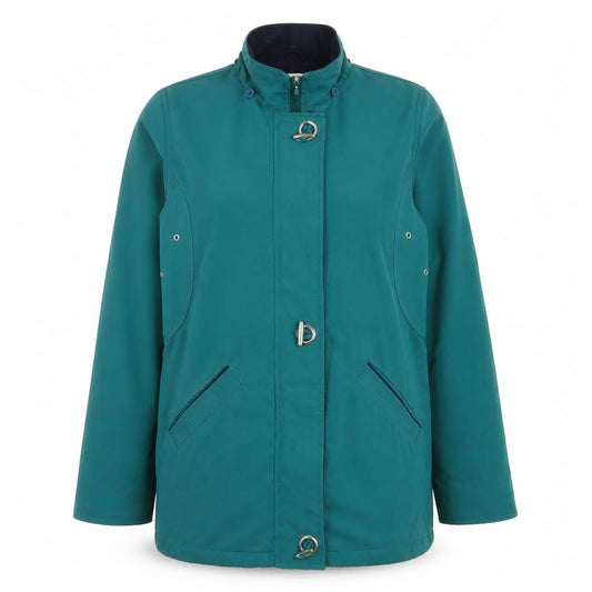 Front view of EWM women’s green jacket, size UK 12, zip