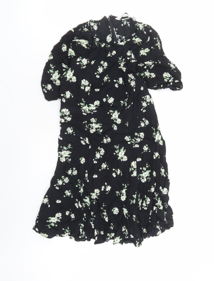 & Other Stories Womens Black Floral Viscose A-Line Size 8 Round Neck Zip