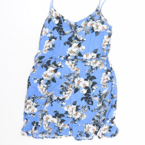 Oasis Womens Blue Floral Viscose Slip Dress Size XS V-Neck Pullover - Belted