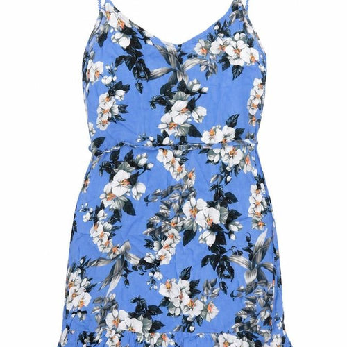 Oasis Womens Blue Floral Viscose Slip Dress Size XS V-Neck Pullover - Belted