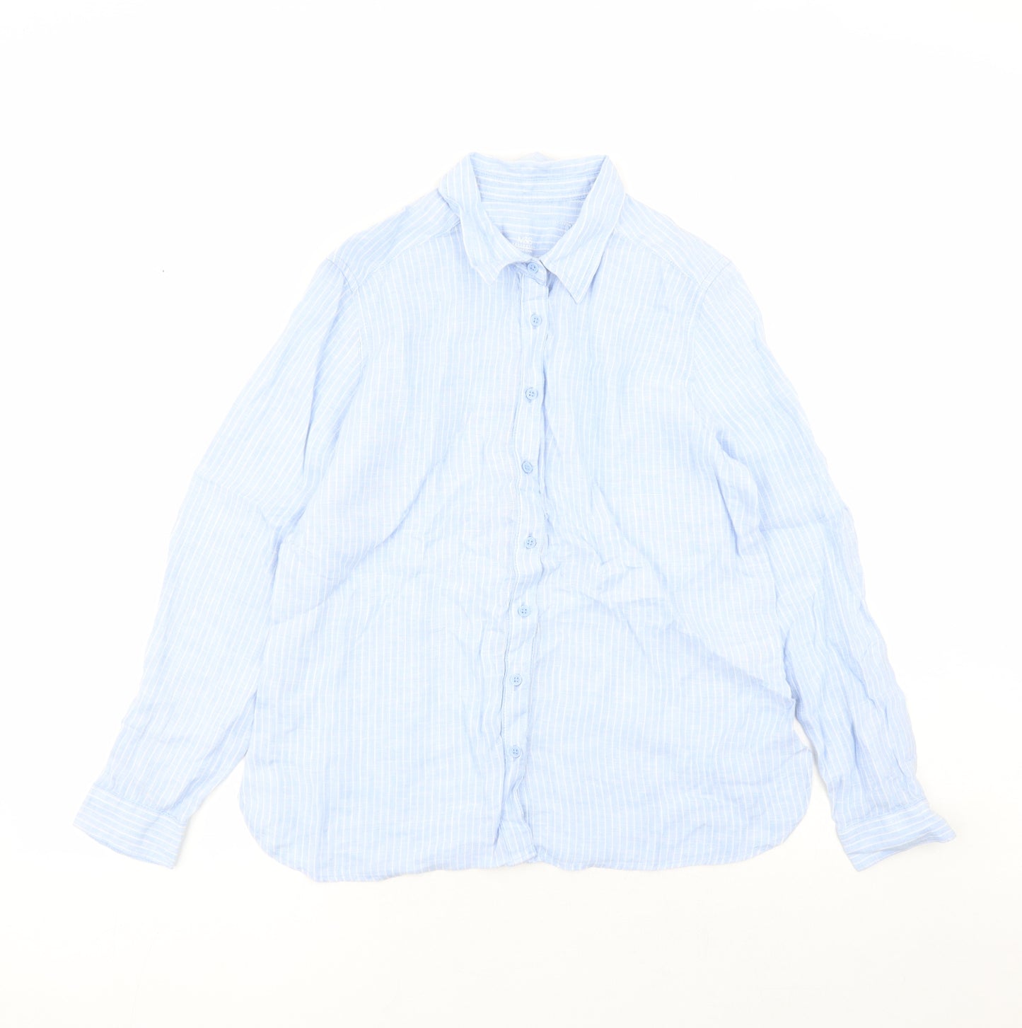 Marks and Spencer Womens Blue Striped Flax Basic Button-Up Size 12 Collared