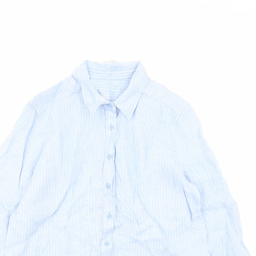 Marks and Spencer Womens Blue Striped Flax Basic Button-Up Size 12 Collared