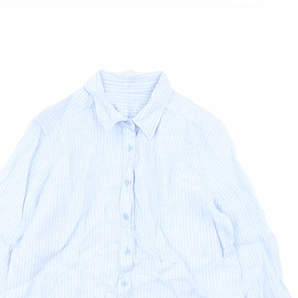 Marks and Spencer Womens Blue Striped Flax Basic Button-Up Size 12 Collared