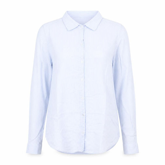 Front view of Divided by H&M women’s blue striped 100% cotton basic button-up, size UK 6, collared