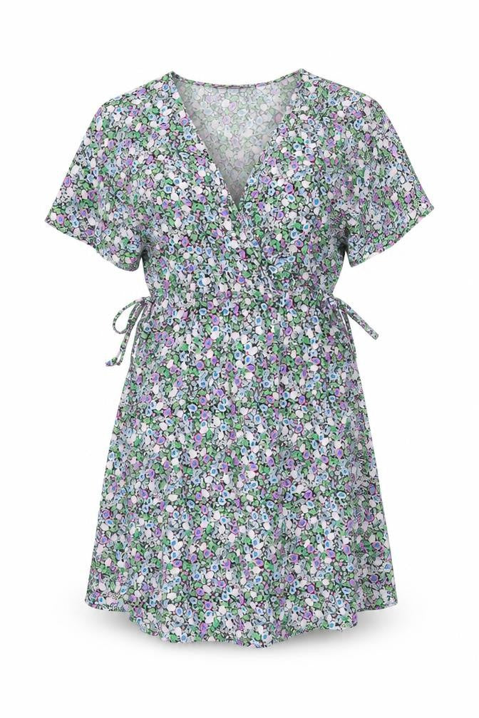 Front view of Marks & Spencer women’s multicoloured floral viscose a-line, size UK 10, v-neck pullover