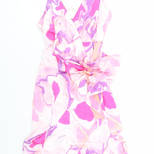 Quiz Womens Pink Geometric Polyester Wrap Dress Size 8 V-Neck Tie