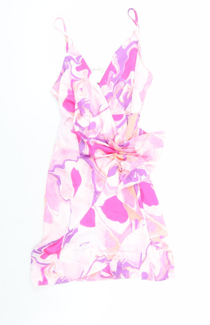 Quiz Womens Pink Geometric Polyester Wrap Dress Size 8 V-Neck Tie