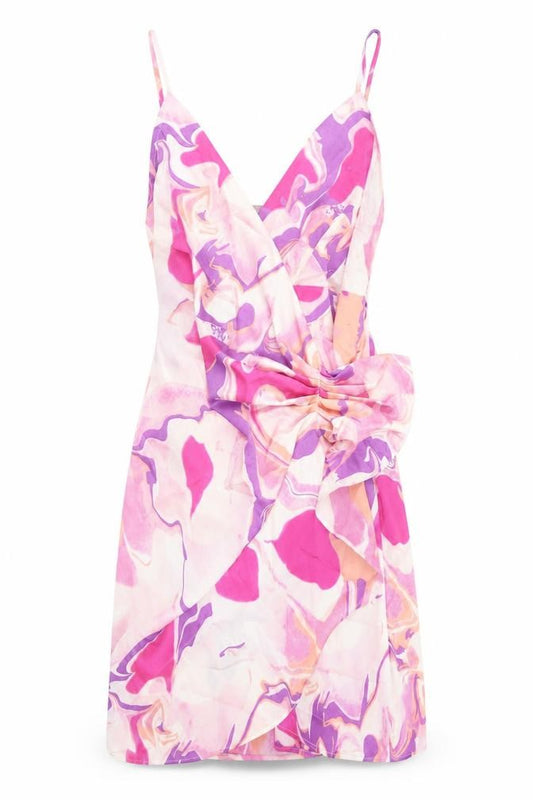 Front view of Quiz women’s pink geometric polyester wrap dress, size UK 8, v-neck tie