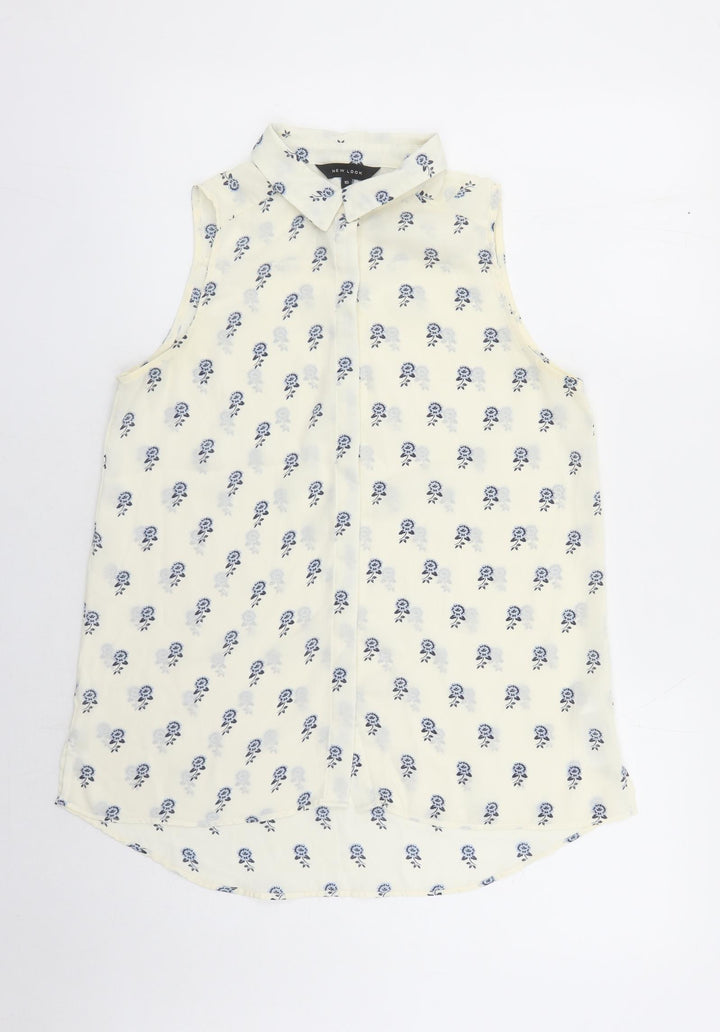 New Look Womens Ivory Floral Polyester Basic Button-Up Size 10 Collared