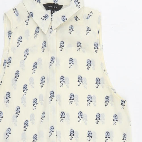 New Look Womens Ivory Floral Polyester Basic Button-Up Size 10 Collared