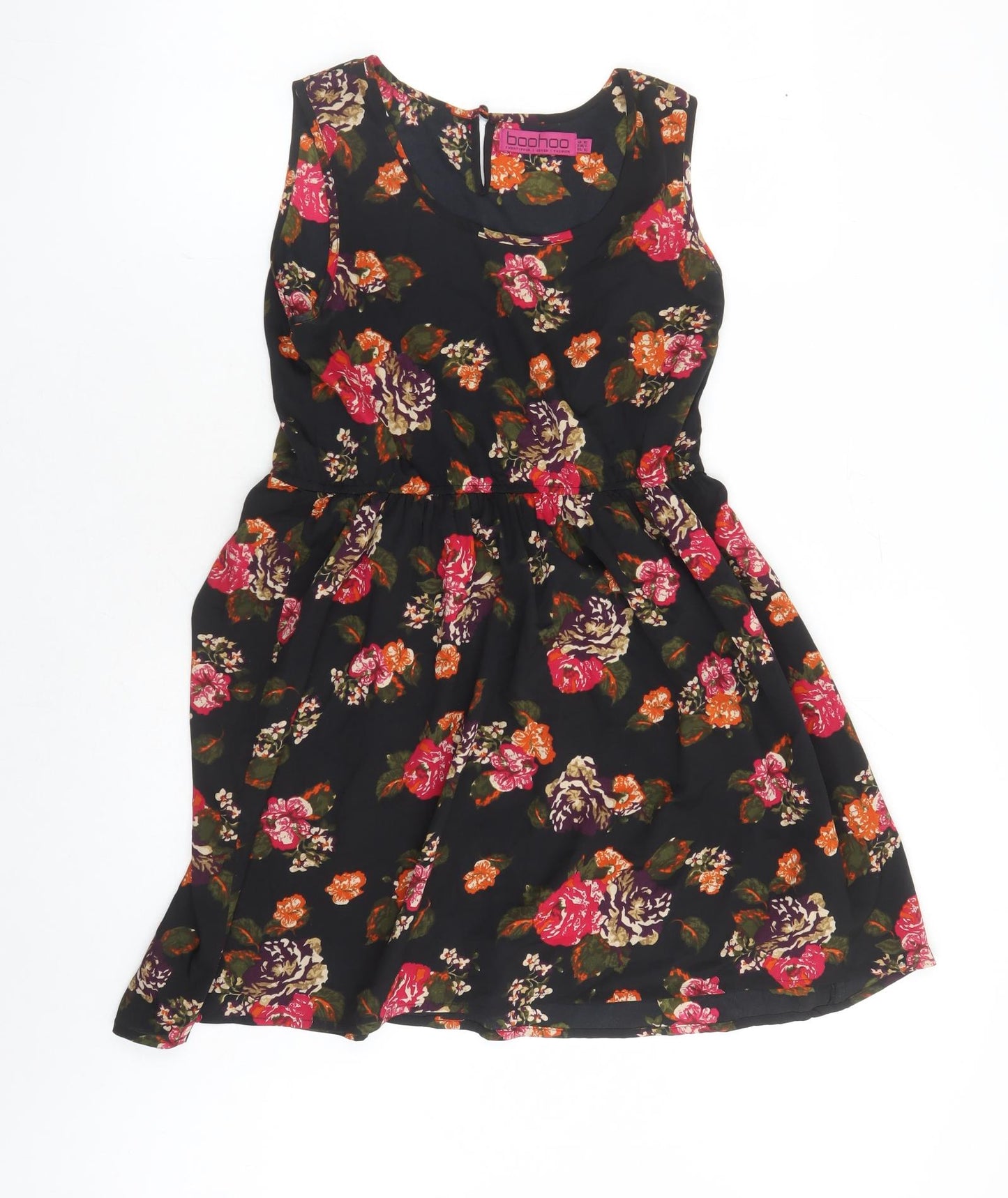 Boohoo Womens Black Floral Polyester Fit & Flare Size 10 Round Neck Button