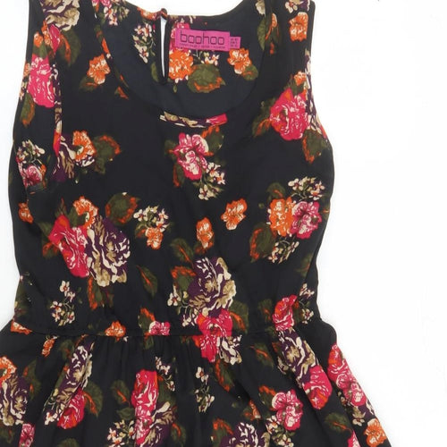 Boohoo Womens Black Floral Polyester Fit & Flare Size 10 Round Neck Button