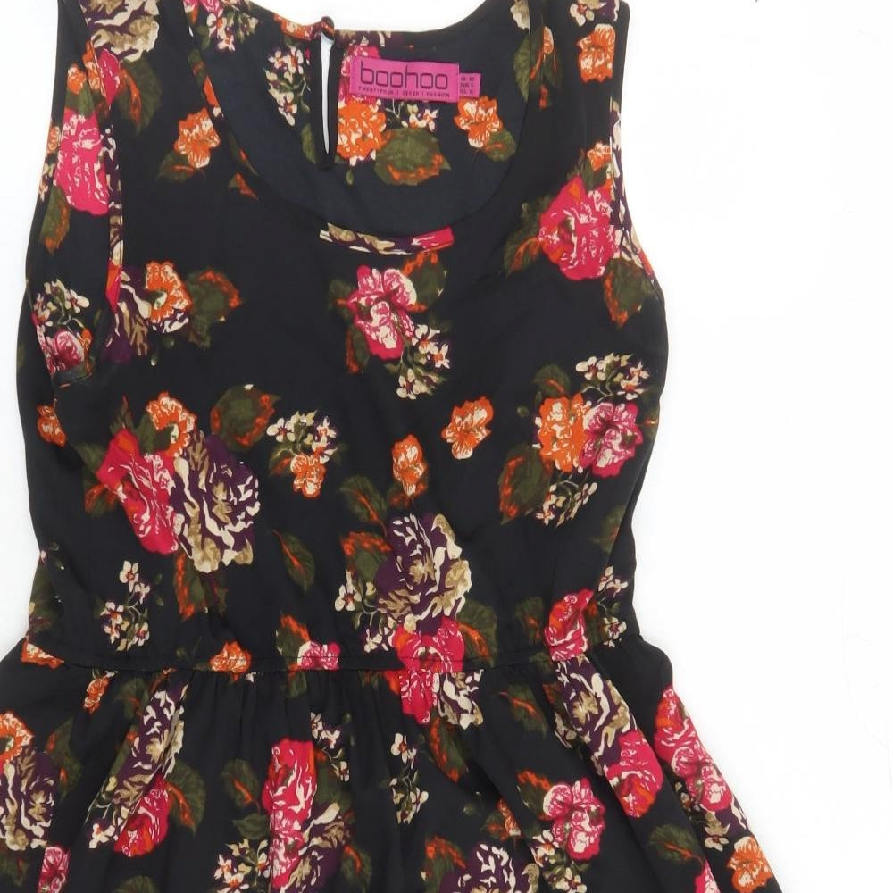 Boohoo Womens Black Floral Polyester Fit & Flare Size 10 Round Neck Button