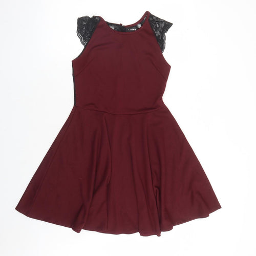 Club L Womens Red Polyester Skater Dress Size 10 Round Neck Button