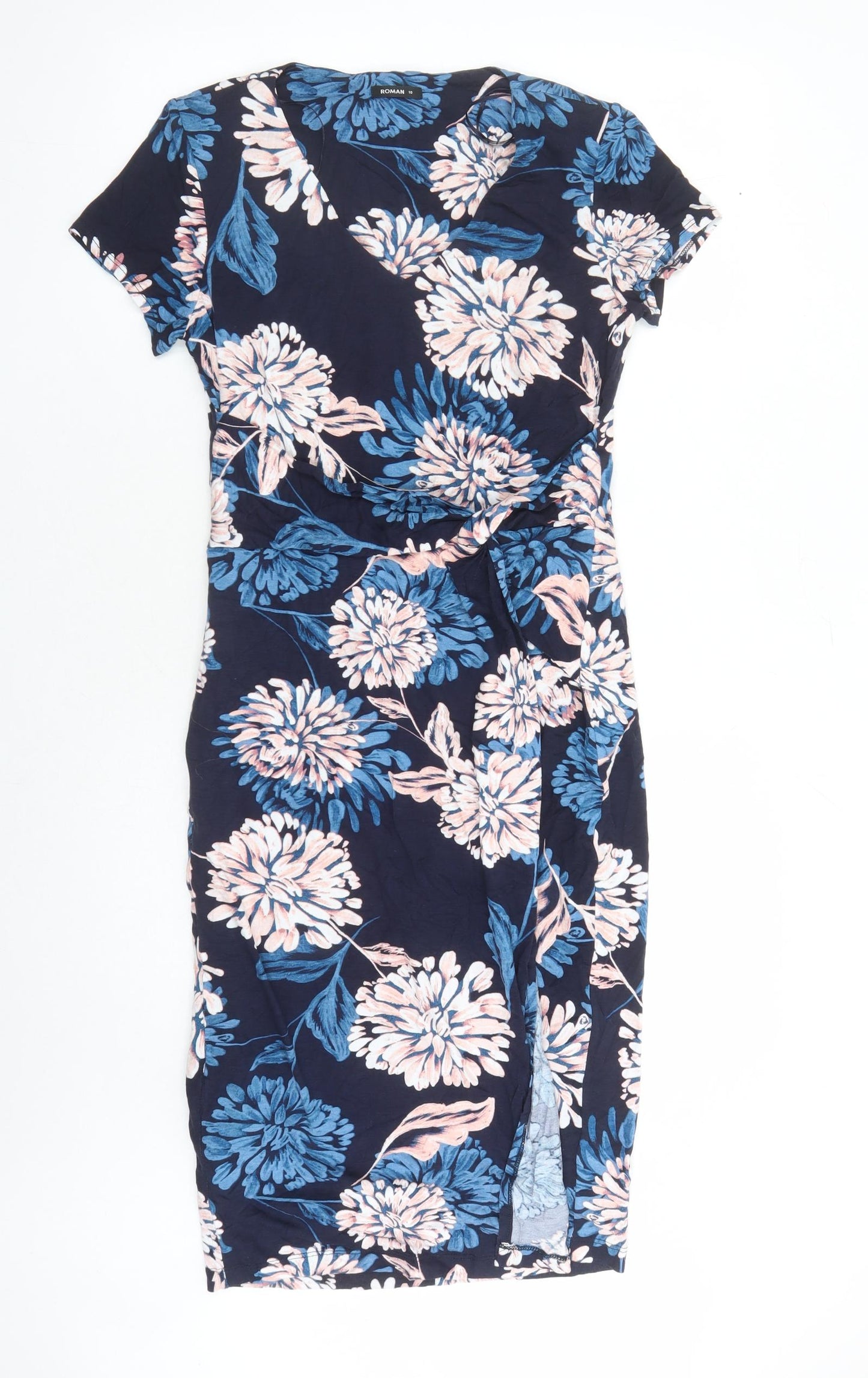 Roman Womens Blue Floral Viscose A-Line Size 10 V-Neck Pullover - Lined