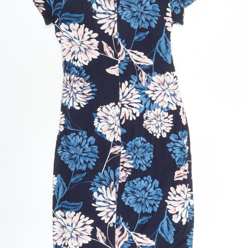 Roman Womens Blue Floral Viscose A-Line Size 10 V-Neck Pullover - Lined