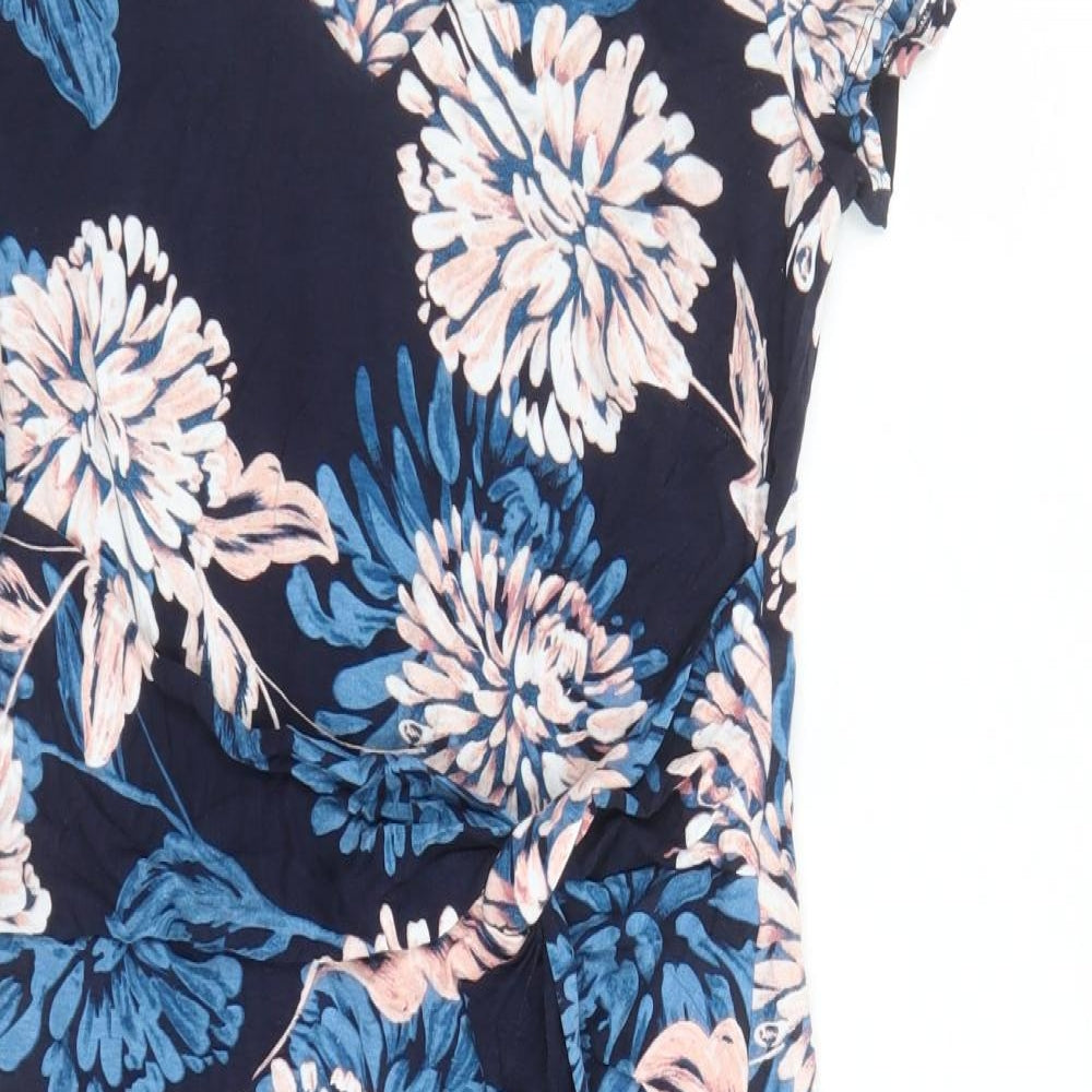 Roman Womens Blue Floral Viscose A-Line Size 10 V-Neck Pullover - Lined